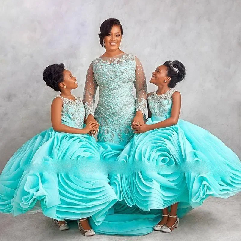 우아한 아쿠아 블루 프롬 드레스 블로섬 아플리케 정장 가운 롱 슬리브 이브닝 드레스 비딩 오간자