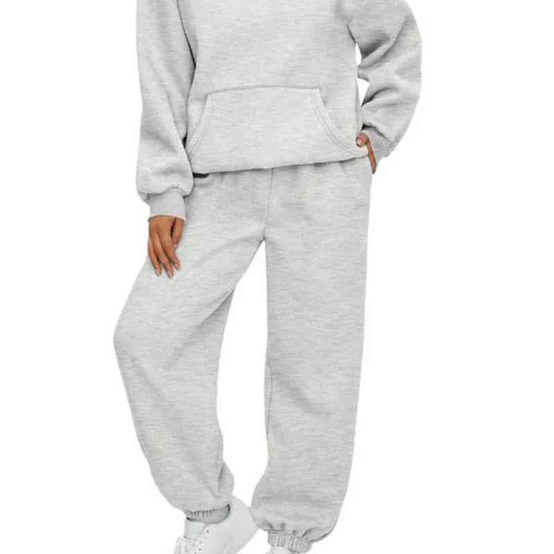 Autumn and Winter New Women's Sports Two-piece Suit Casual Fashion with Pockets and Fleece Hoodie Sweatsuit Trouser Suit Women