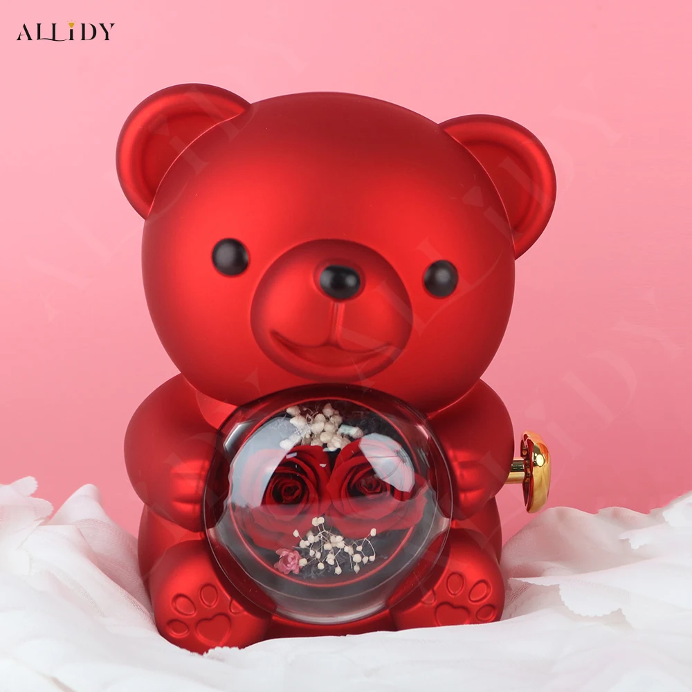 New Double Rose Eternal Rose Teddy Bear Jewelry Box with Custom Engraved Pendant Necklace – Perfect Valentine's Day Gift for Wom