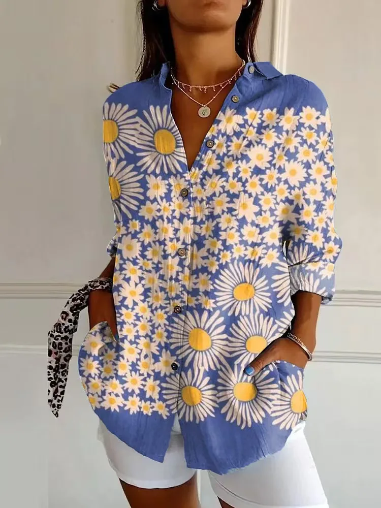 2025 new women's shirts Summer European and American trendy long-sleeved shirts with printed 3D shirts with floral patterns