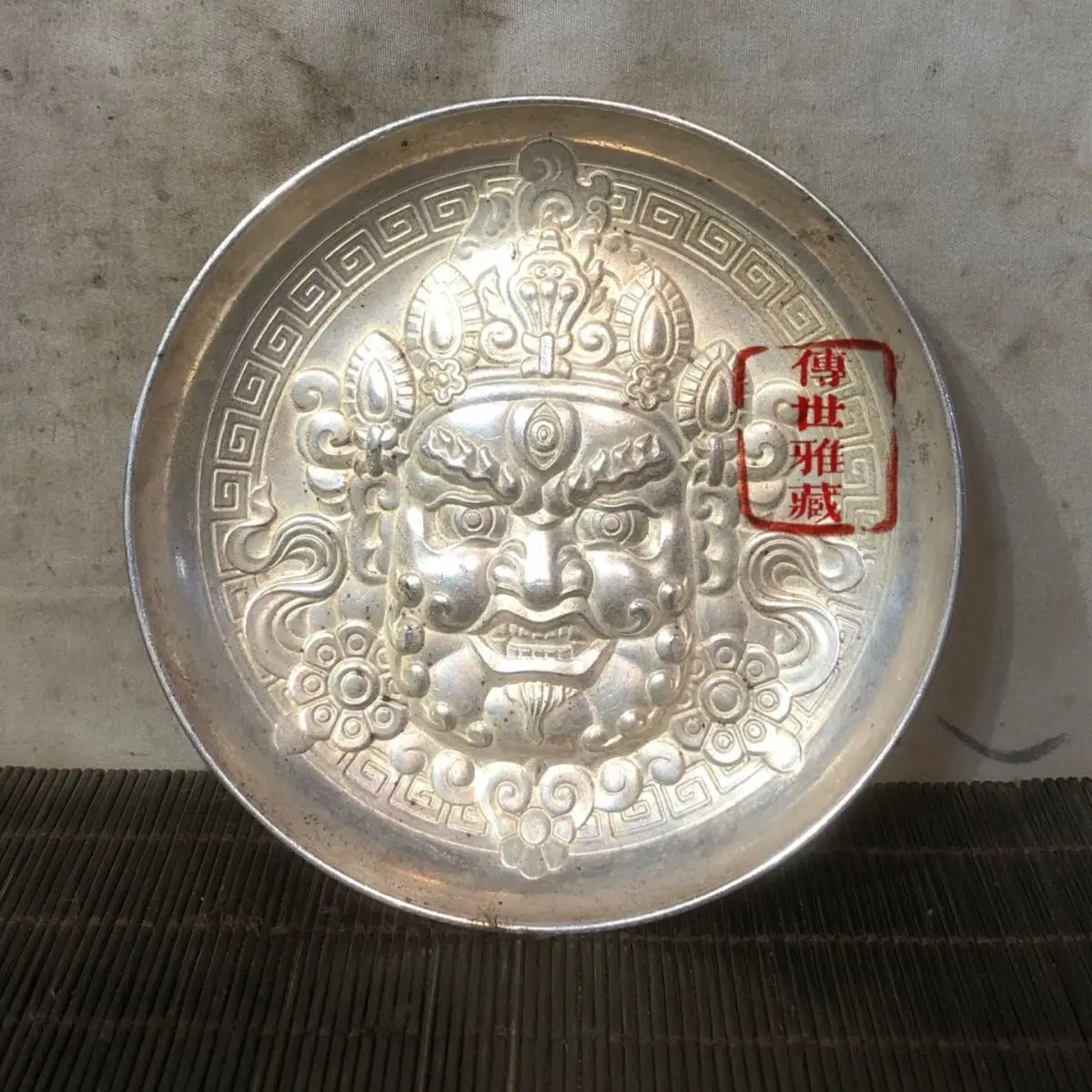 Silver plated carved bronze statue of the God of Wealth, plate to attract wealth and treasure, antique plate decoration