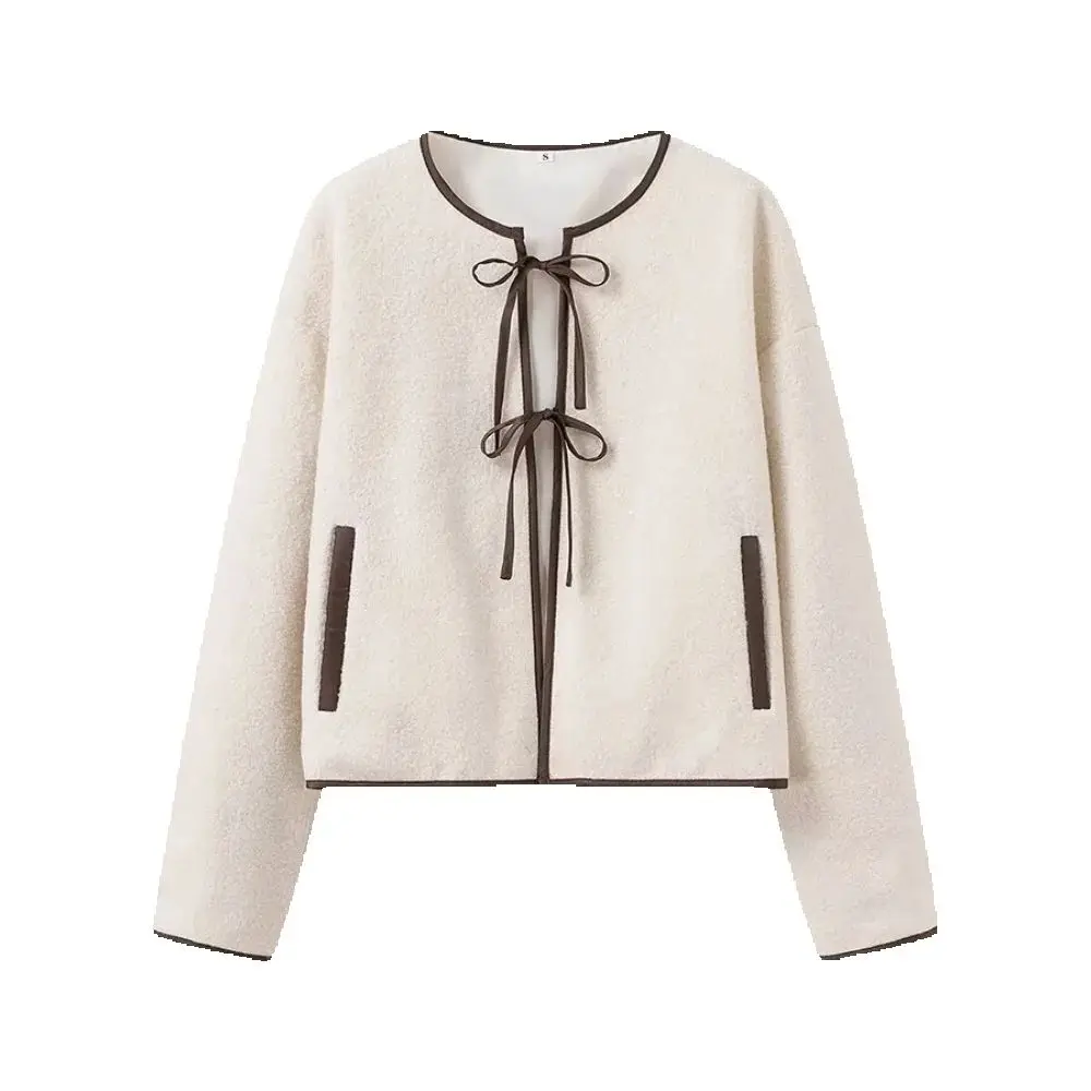 

Women's Plush Loose Top Round Neck Long Sleeve Lace Splicing Pocket Autumn/Winter New Sweet Coat