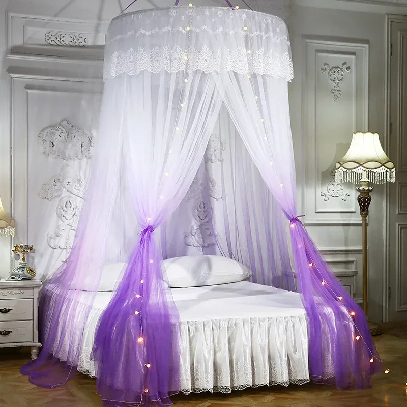 3 Doors Gradient Ceiling Dome Mosquito Net Elegant Landing Tent Netting with Tieback Decorative Encryption Dome Home Bed Curtain