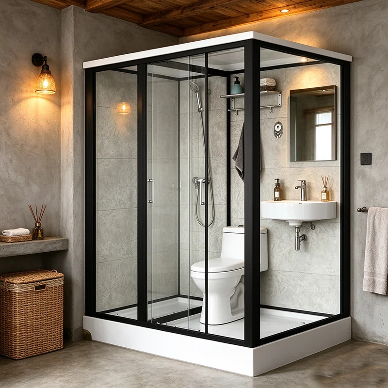 Modular Bathroom Cabin All In One Prefab Bathroom Pod Tempered Glass Shower Pod For Glamping Lodge