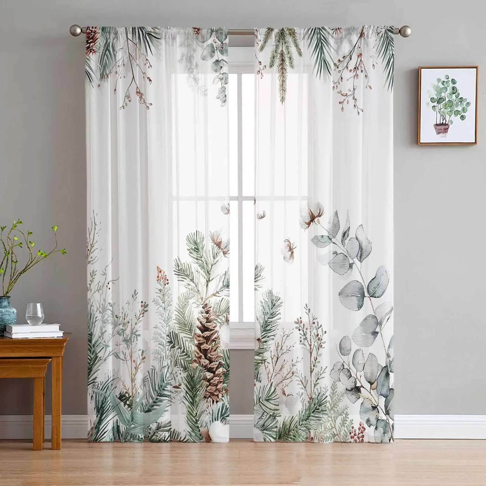 Christmas Eucalyptus Leaves Pine Cones Cotton Chiffon Sheer Curtains for Living Room Bedroom Decor Kitchen Voiles Tulle Curtain