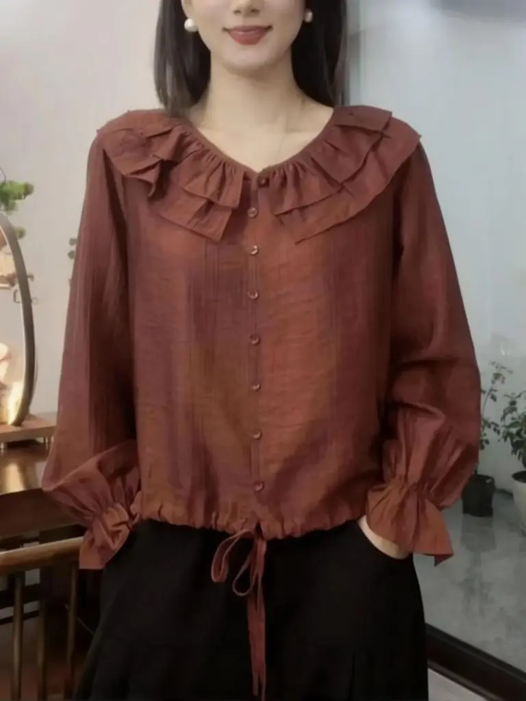Drawstring Ruffle Elegant Crew Neck Button Up Shirt Women Cotton Long Sleeve Loose Casual Basic Blouse Middle Age Clothes