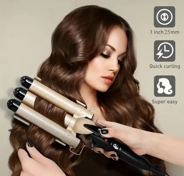 مكواة تجعيد مبتكرة بتصميم ثلاثي الأنابيب، رأس لفة البيض/رأس المعكرونة الفورية/لفة كبيرة في جميع أنحاء تصميم بيرم عملي للغاية. #3