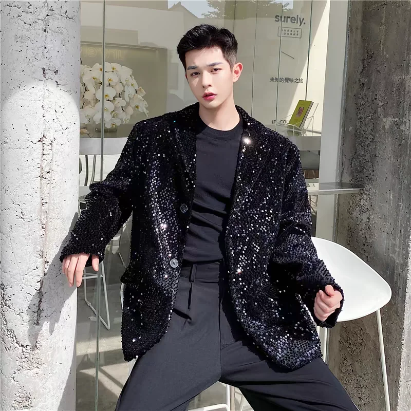 Tide Men Fashion Sequin Blazer Glitter Black Sequins Casual Loose Coat Evening Party Nightclub Male Singer Performance Overcoat