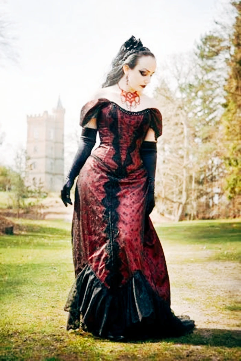 Vintage Victorian Black and Dark Red Gothic Prom Dresses Off The Shoulder Lace Long Ruched Formal Evening Gowns For Women