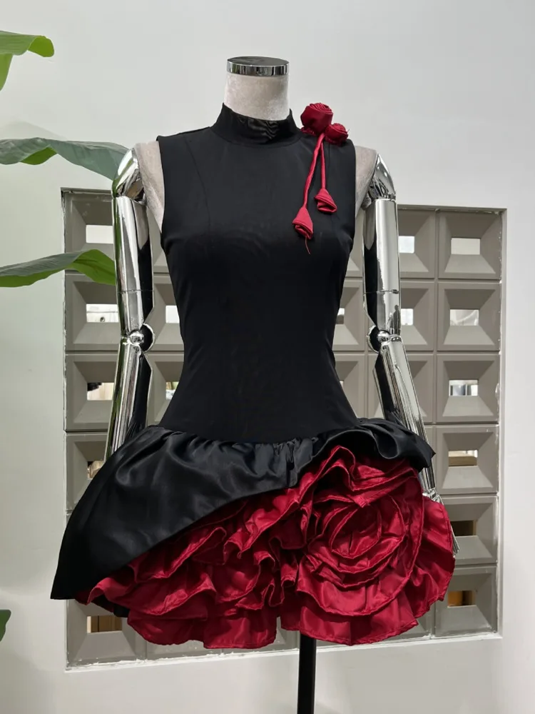 Dfdg 2025 primavera verão semi-tartaruga pescoço contraste painel em camadas vestido com floral irregular usar tecido elástico respirável