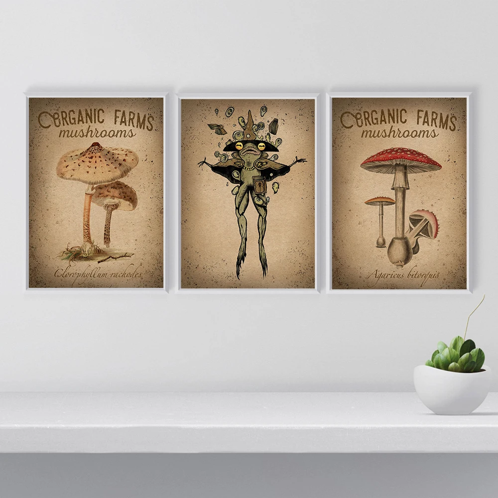 

Vintage Mushroom Farm Art Poster Canvas Painting Retro Abstract Wizard Frog Wall Print Pictures For Kitchen Read Room Home Decor