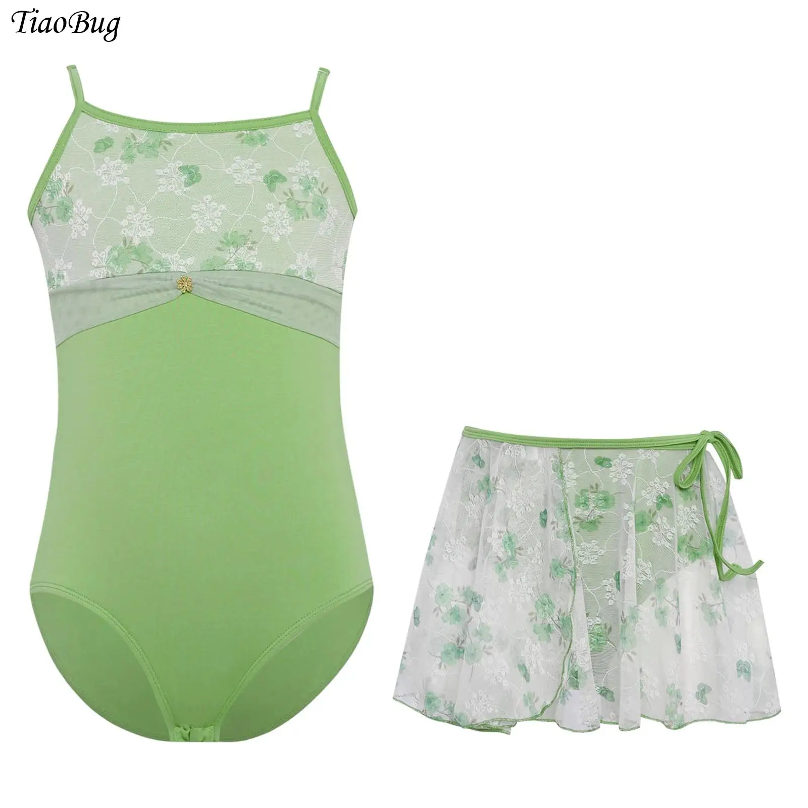 

Kids Girls Ballet Dance Gymnastics Bodysuit Adjustable Spaghetti Straps Floral Printed Sleeveless Leotard+Lace-up Skirt 2Pcs/Set