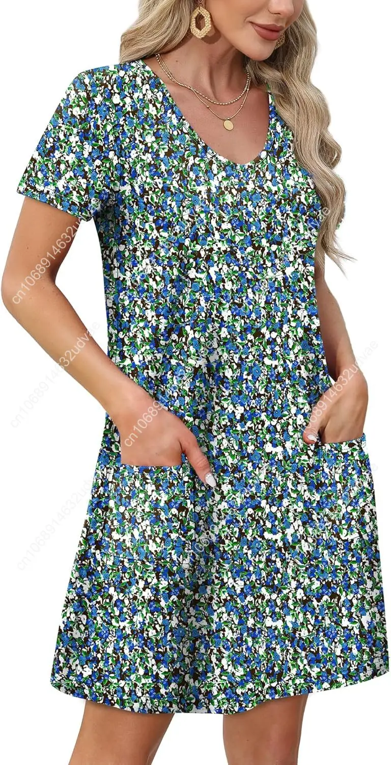 Robes d'été pour femmes, ample, col en V, manches courtes, t-shirt décontracté, robes d'été, couverture de maillot de bain avec poches, 2025