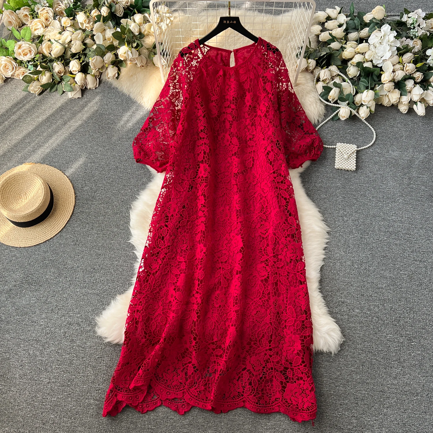 Chic Long Sleeve O Neck Lace Hook Flower Hollow Loose Dress Chiffon A-line Casual Dresses Fashion Women Elegant Vestidos