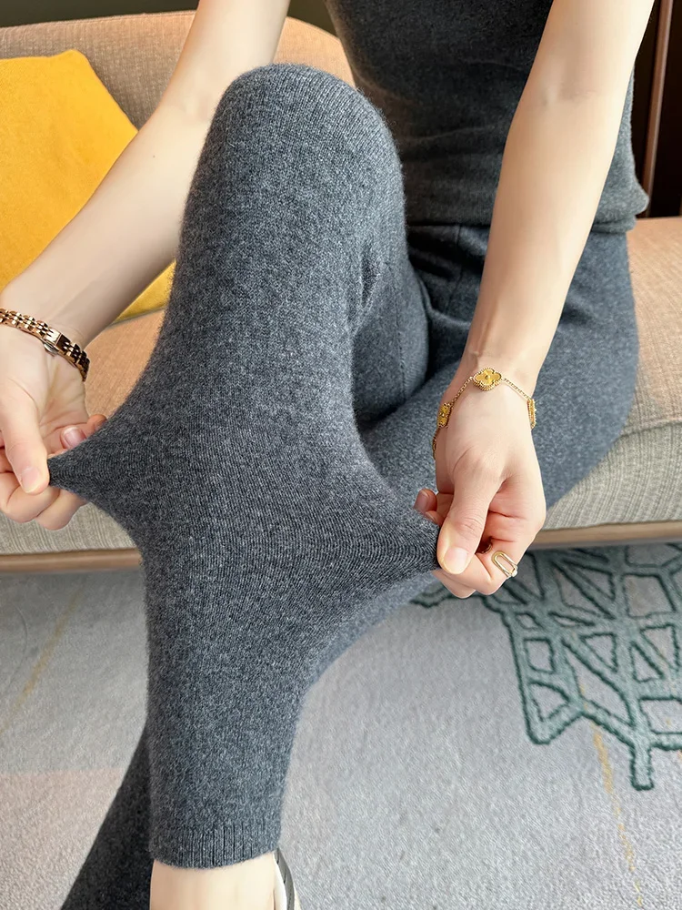 Autumn Winter Stretchy Pants Women's Tights Pants 100% Cashmere Sweater Pencil Pants Warm Slim Knit Thermal Leggings Bottom Wear