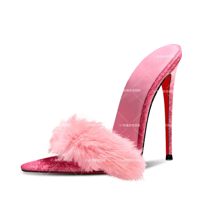 2025 Новый европейский и американский стиль, плюшевые женские туфли на высоком каблуке с острым носком, тонкий каблук, крутые перетаскивающиеся, большие сандалии с открытым носком