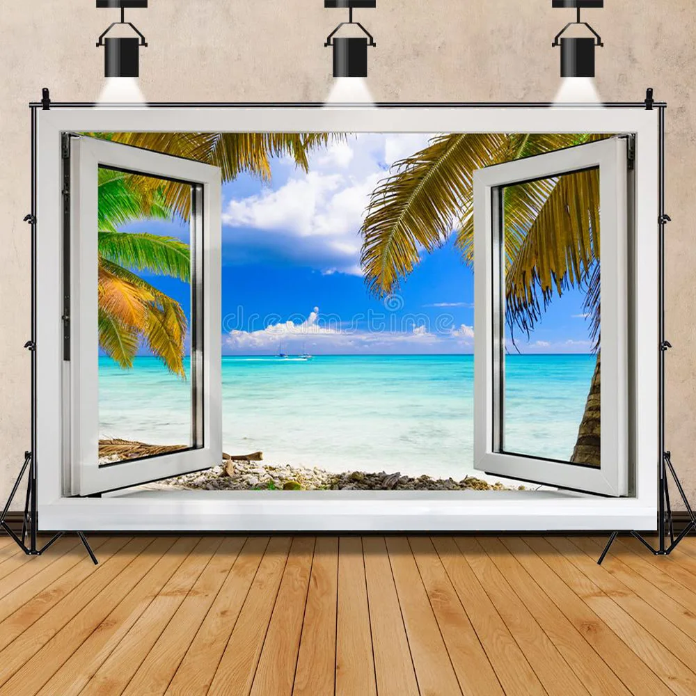 

SHUOZHIKE Art Fabric Scenery Outside The Window Photography Backgrounds Props Seaside Tree Landscape Photo Backdrops CH-04