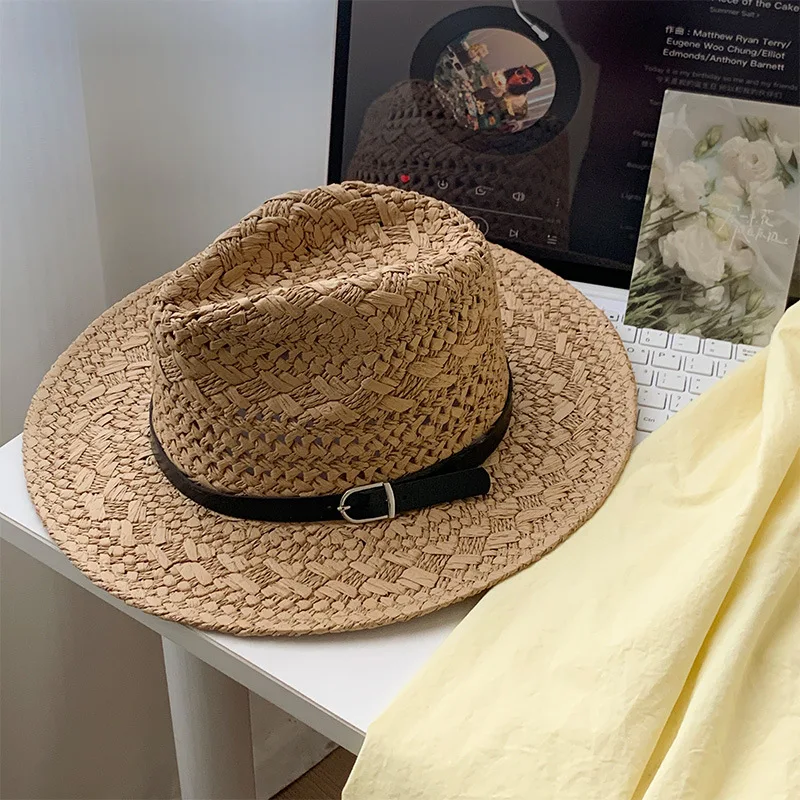 Straw Western Cowboy Hat for Women Men Classic Vintage Hollow Out Unisex Curled Wide Brim Sun Hat Fishing Hat Climbing Cap image 3