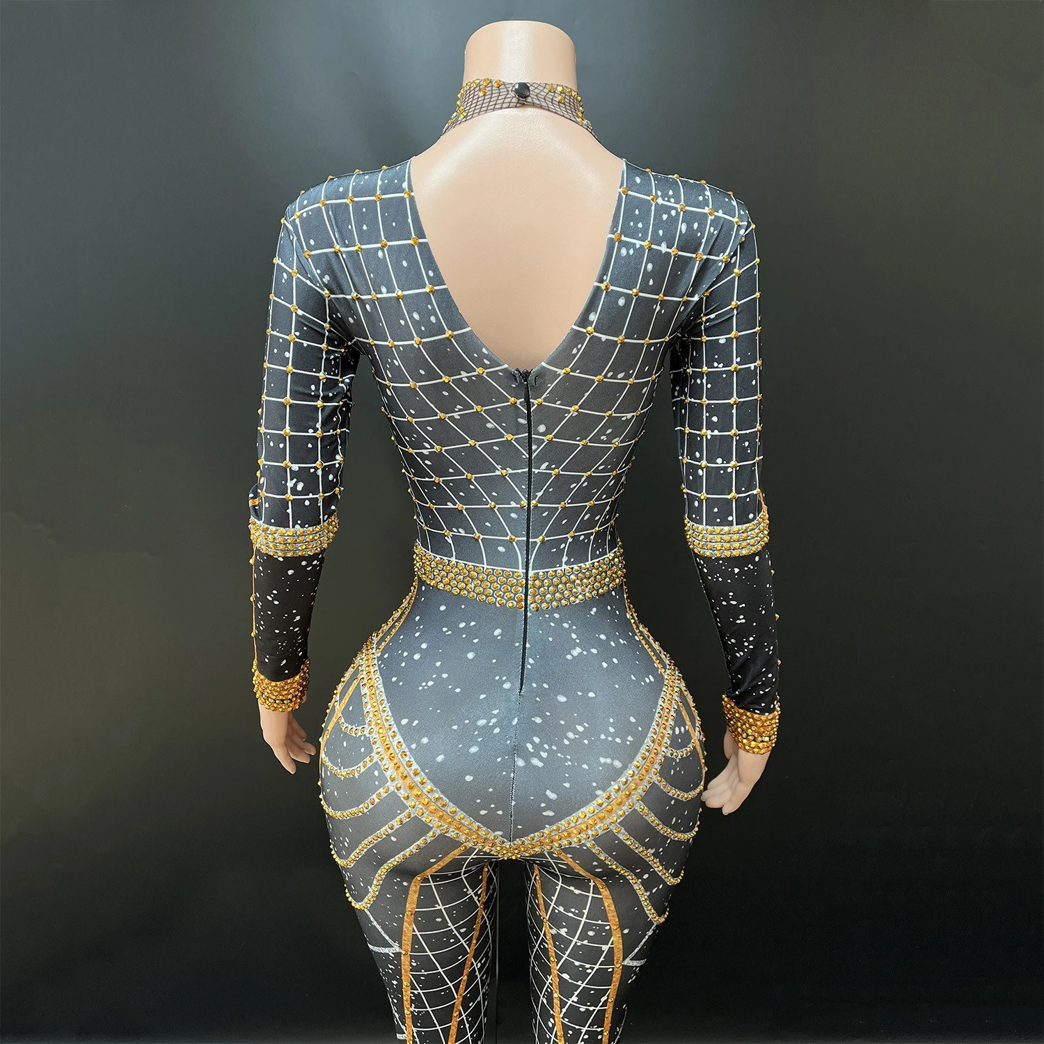 2025 Sexy Collo Alto Strass Tuta Costumi di Squadra di Ballo Discoteca Bar Dj Tuta Femminile Gogo Ballerini Abiti di Scena DN21580