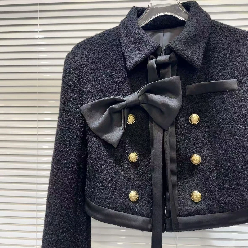 

Темпераментные топы, винтажные укороченные куртки 2024, женская одежда, двубортное пальто с круглым вырезом и бантом, модные корейские пальто Chaquetas Para Mujer