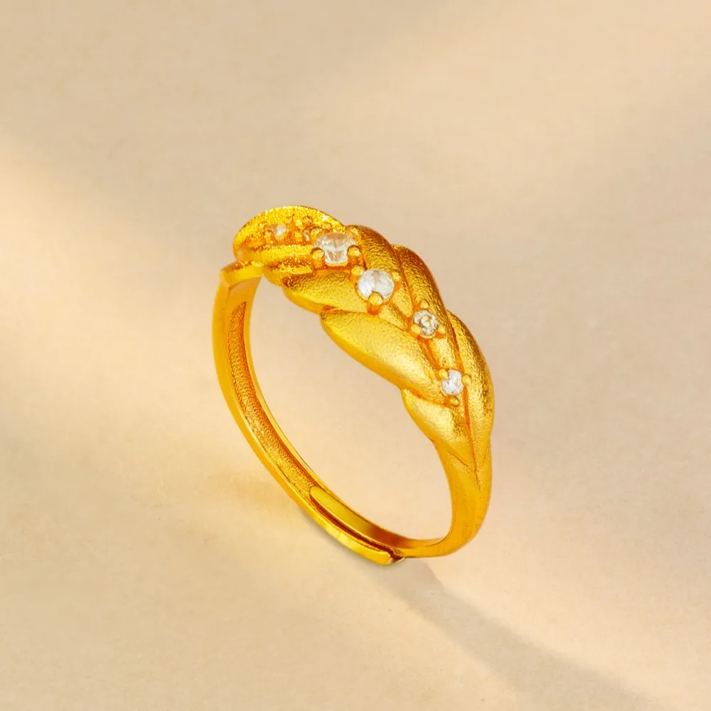 Draw point drill wheat ear ring niche design feel versatile open leaf 9999gold