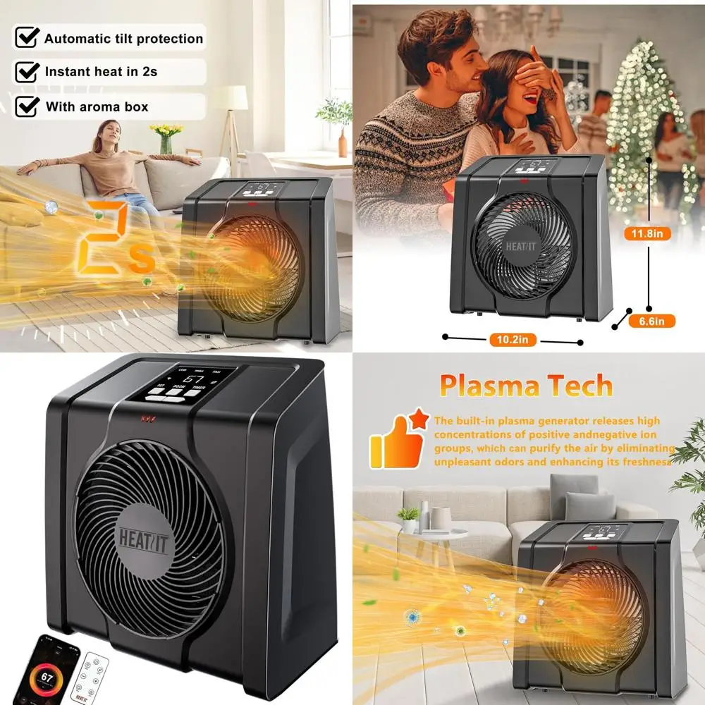 

Indoor Digital Thermostat Space Heater, Remote Control, Plasma & Ozone, 1-12H Timer, 1500W/750W, Ideal for Office/Bedroom, Black