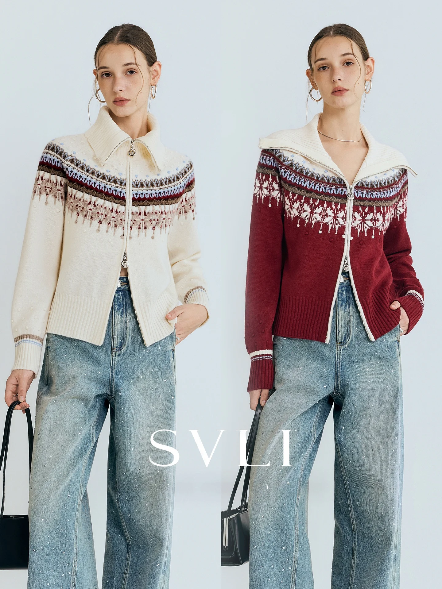 

SVLI Nordic Retro Street Scene Zipper Fair Isle Color Blo 00 Wool Knitted Open Cardigan Warmth Winter Women's Faion