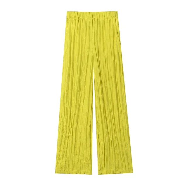 

BabYoung Women Chic Casual Yellow Pleat Decoration Long Pants Summer Woman Elastic High Waist Wide Leg Trousers Streetwear