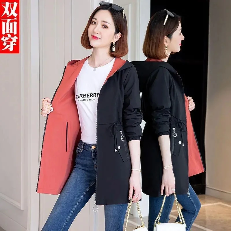 

Women Hooded Double-Sided Windbreaker Coats Female Casual Zipper Two Side Wear Mid Long Outwear 3XL New Korean Autumn Jacket