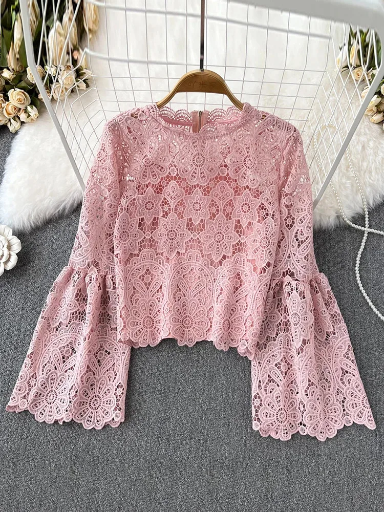 

Spring Autumn New Fashion Blouse Female Hollow Flare Sleeve Temperament Blusa O-Neck Slim Short Lace Women Shirt Tops G11