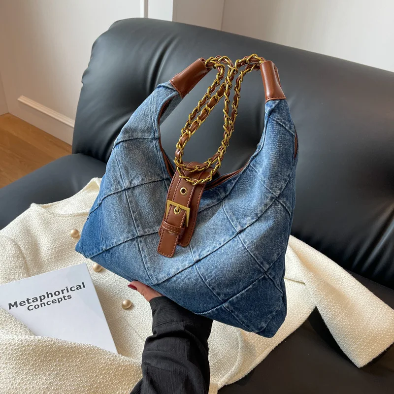 Niche Casual Patchwork Washed Denim Bag Women\'s Large Capacity Vintage Fashion Underarm Bags Commuter Single Shoulder Tote Pack