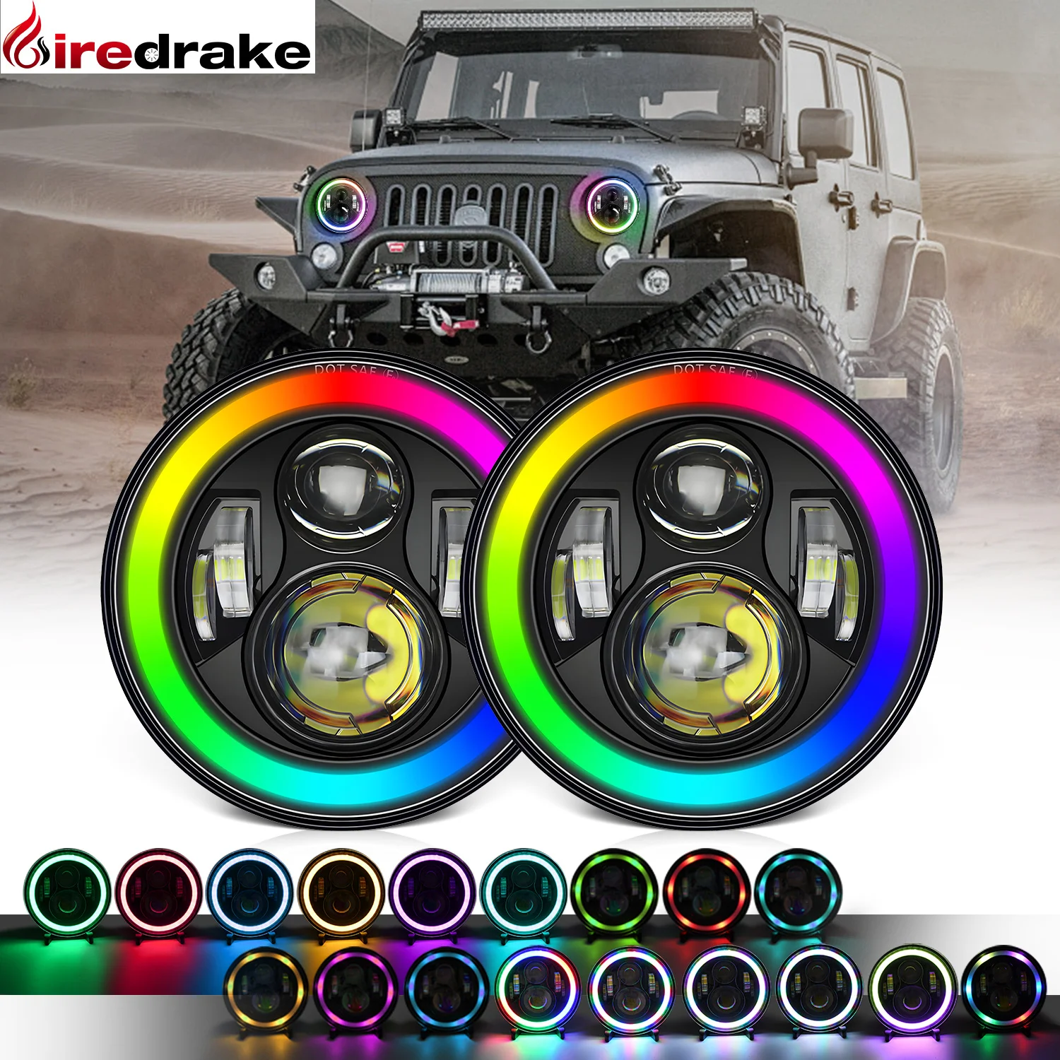 

LED Colorful Headlight 7 Inch Wrangler Round Headlight High Power 200W 20000LM for Jeep Harley Universal Headlamp 6000K 12V 24V