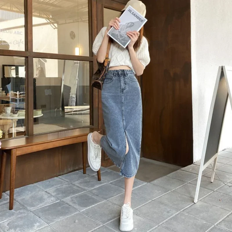 Skirts for Woman Tight Women's Skirt Denim Midi Clothes with Slit Jeans Pencil Wrap High Waist Summer 2024 Premium Cheap A Line