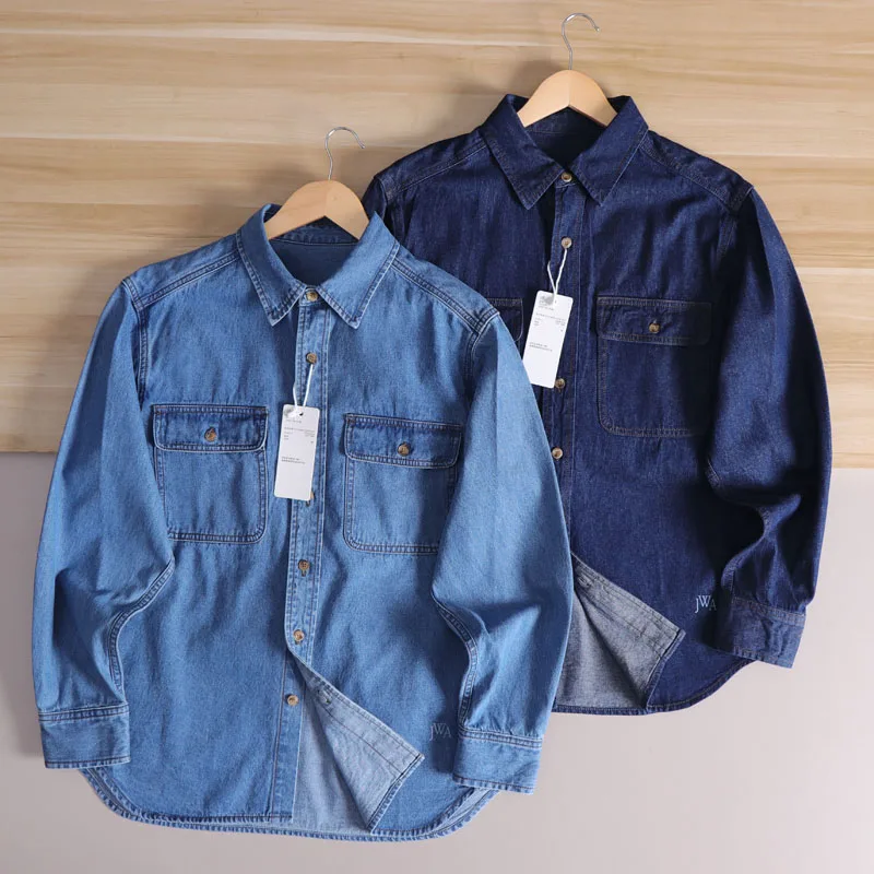 

Red Men's Cotton Work irt Vintage Denim Layering Loose Fit Long Sve Collared Casual Wear Resistant Thiened Spring S...