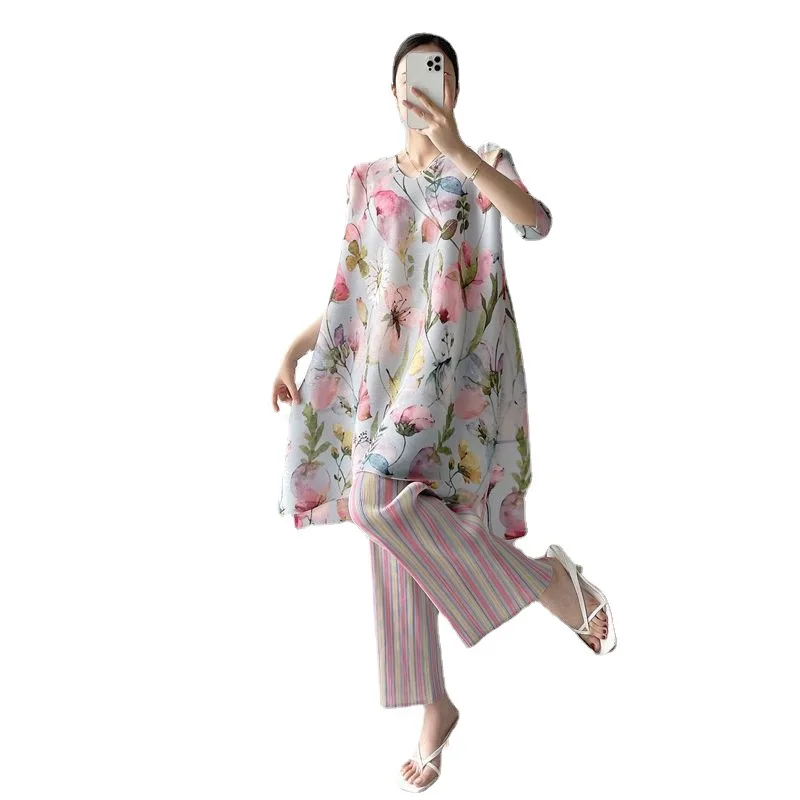 Miyake-女性用プリーツパンツセット,2ピースセット,カジュアル,ルーズフィット,快適,痩身,新しい夏のコレクション2024