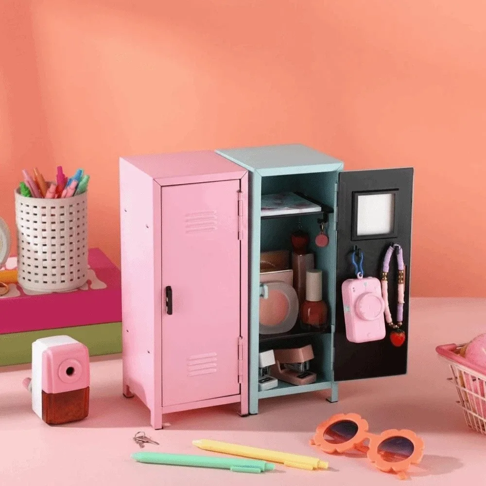 Cute Iron Makeup Storage Cabinet Vertical Lockable Cabinet Organizer Box Two Layers with A Lock File Cabinet Office