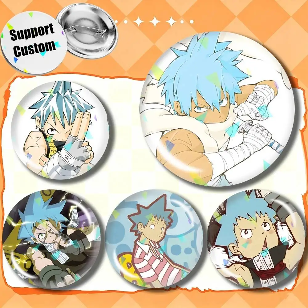 Black Star from Soul Eater Customizable Round Brooch Pins, Personalized Badges With Broken Glass Design Fashion Accessory