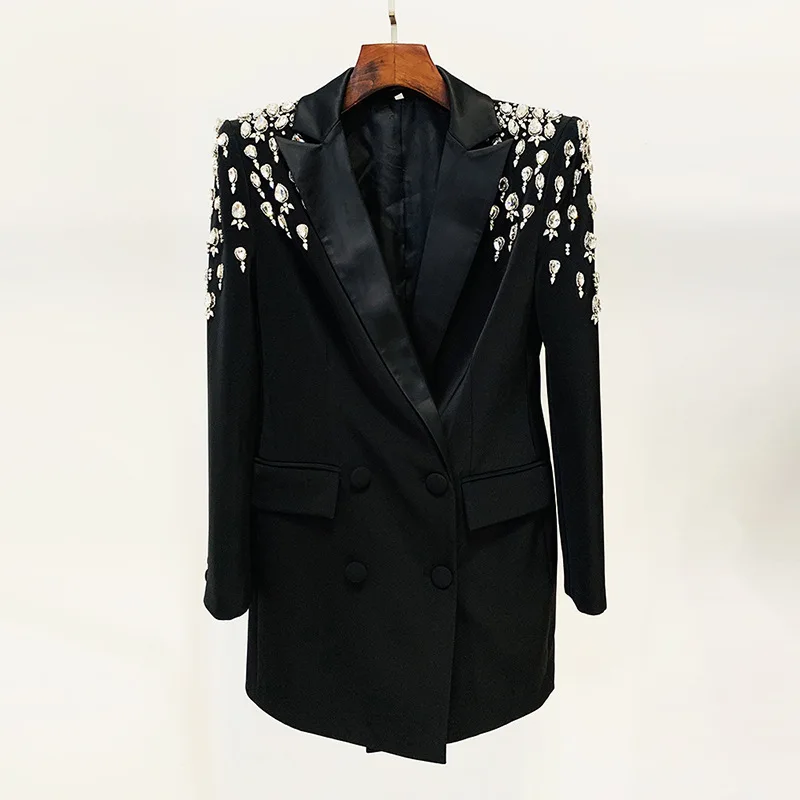 Odoodem-blazer de lujo con solapa y diamantes de imitación para mujer, blazer ajustado con doble botonadura y bolsillo