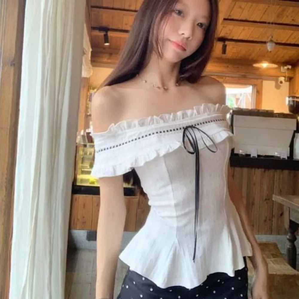 White Off-shoulder Ruffle Shirt Lace-up Cute Bow Korean Y2K Ins Ruffle Shirt Tops Pleated Collar Slimming Slim Fit Crop Tops