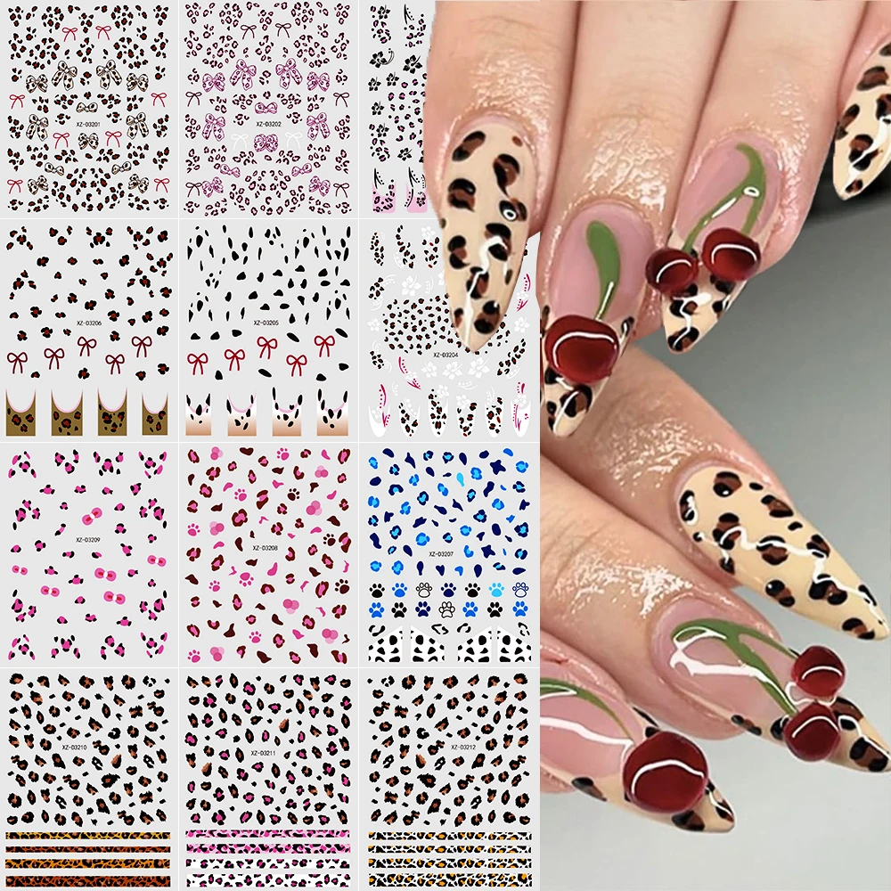 

12pcs Pink Brown Leopard Point Nail Art Stickers 3D Autumn Bow Leopard Design French Nail Decals for DIY Manicure Decoration*#%^