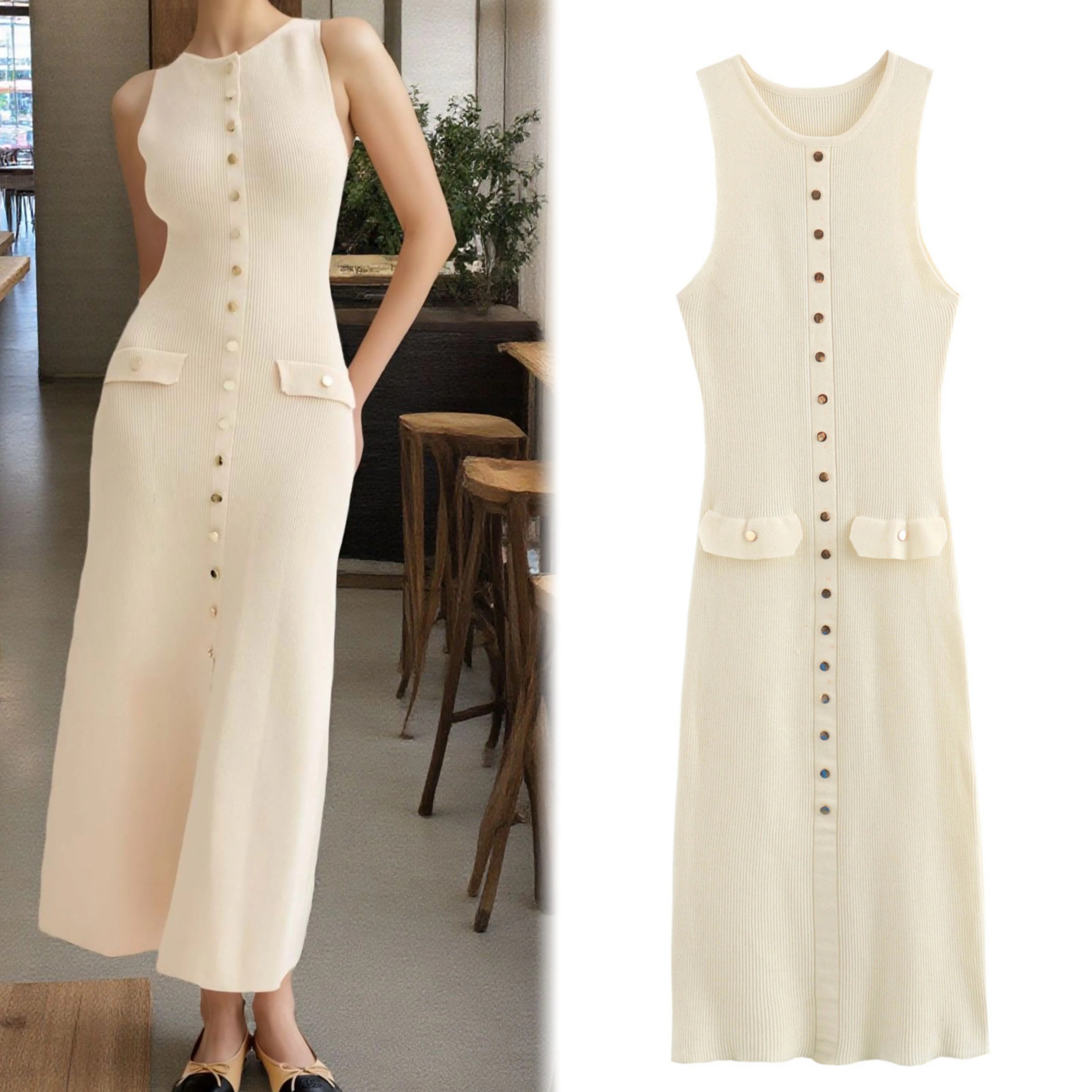 YuooMuoo Chic mode tricoté Maxi robe femmes Vintage simple boutonnage sans manches moulante robe pull élégante dame Robes de soirée