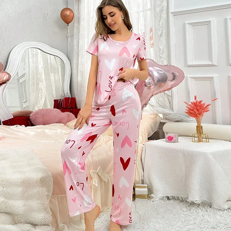 Bonito conjunto de pijama impresso para mulheres em torno do pescoço manga curta topo calças compridas estilo ocidental solto confortável retro loungewear