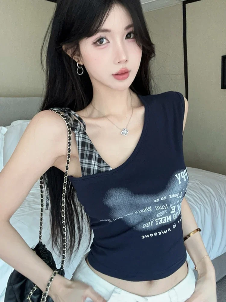 

Лоскутная клетчатая женская сексуальная укороченная жилетка с наклонными плечами без рукавов, корейские милые майки с буквами, шикарные женские топы с принтом, новинка