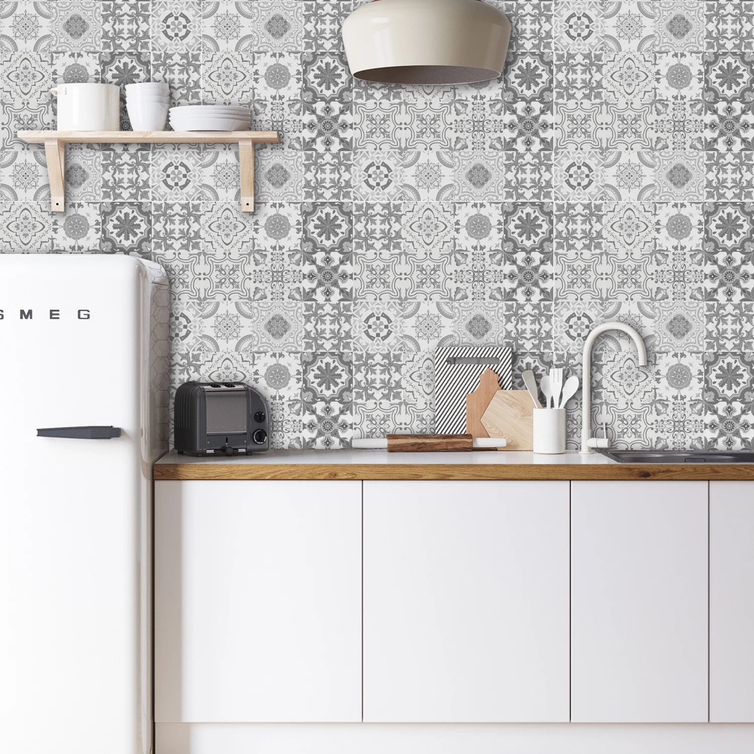 24Pcs Gray Retro Tile Wall Stickers Set - Minimalist Floral Geometric Decals for Kitchen Bathroom Living Room Home Decor