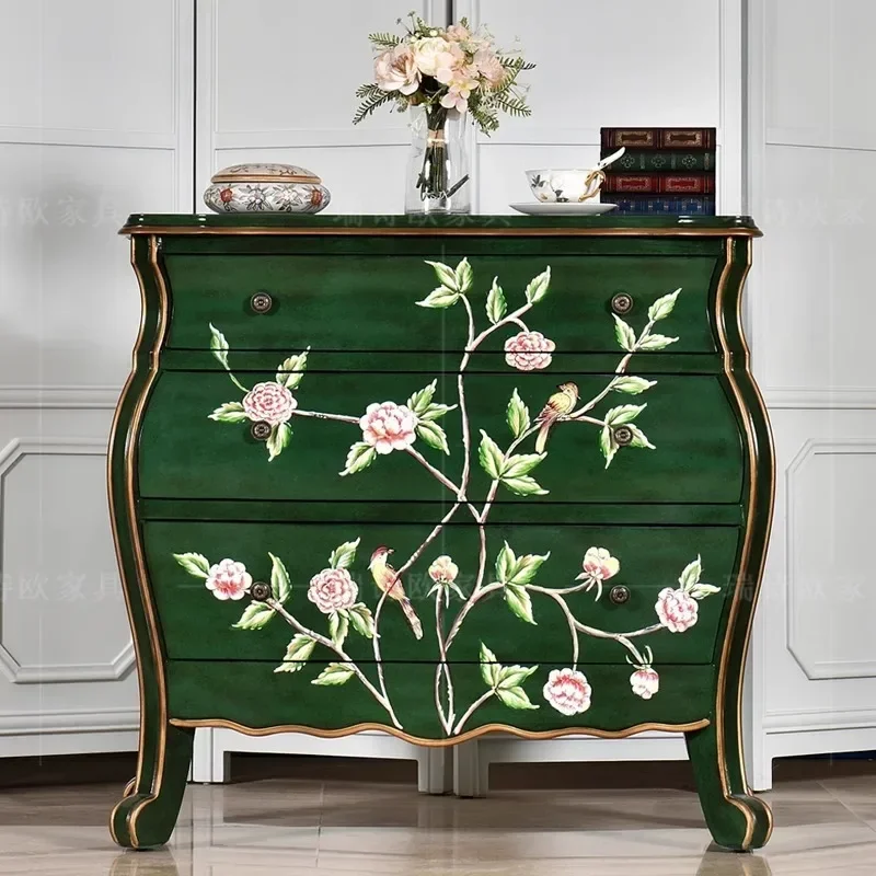 TAO Rural retro green three-bucket cabinet solid wood peony painted storage side cabinet storage cabinet