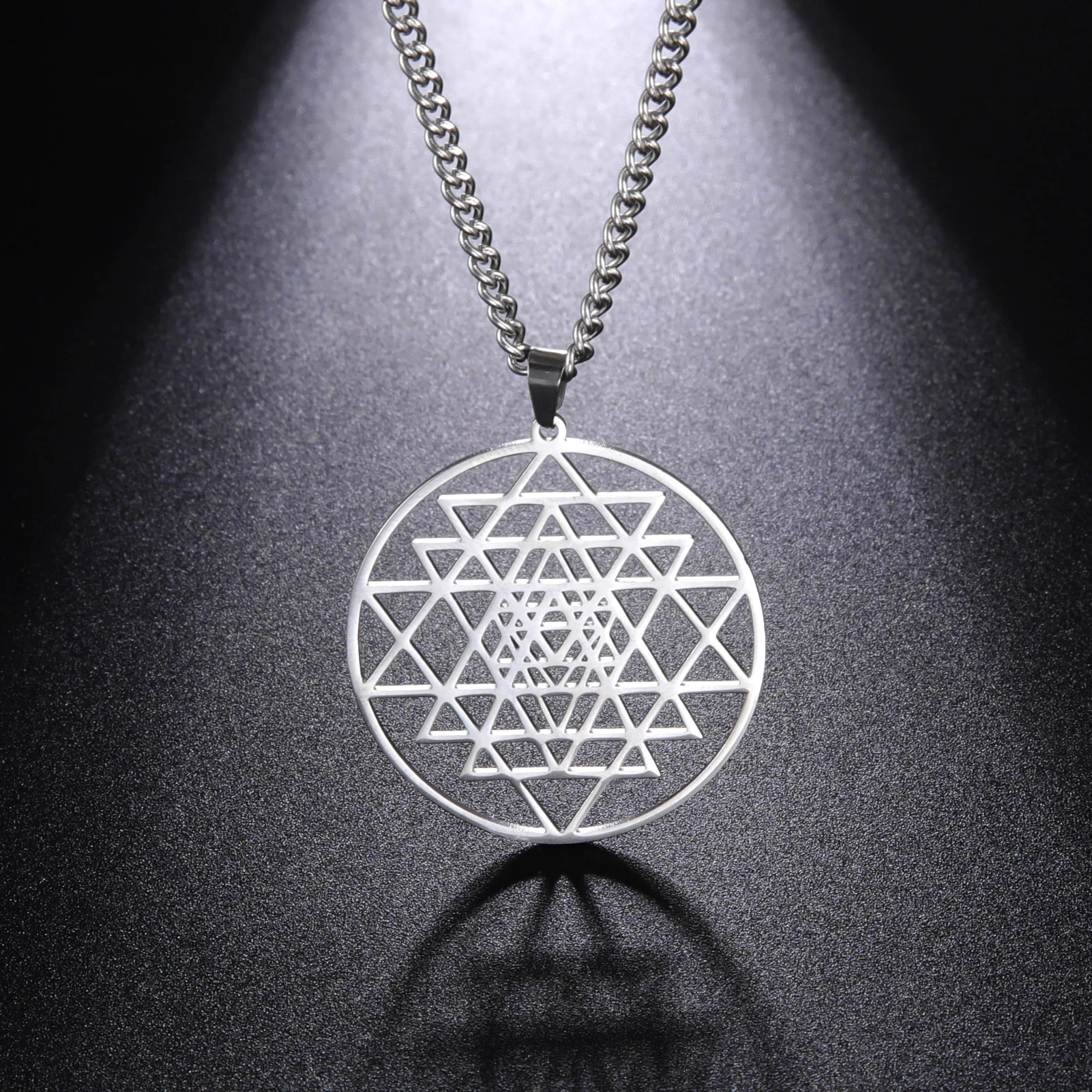 Yoga Hindu Buddhism Stainless Steel Necklace for Women Silver Color Sacred Geometry Necklaces Sri Yantra Symbol Pendants Jewelry