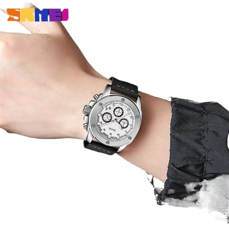 ساعة SkmeiMen كوارتز مقاومة للماء بحزام جلدي، ساعة يد مضيئة بمينا كبير