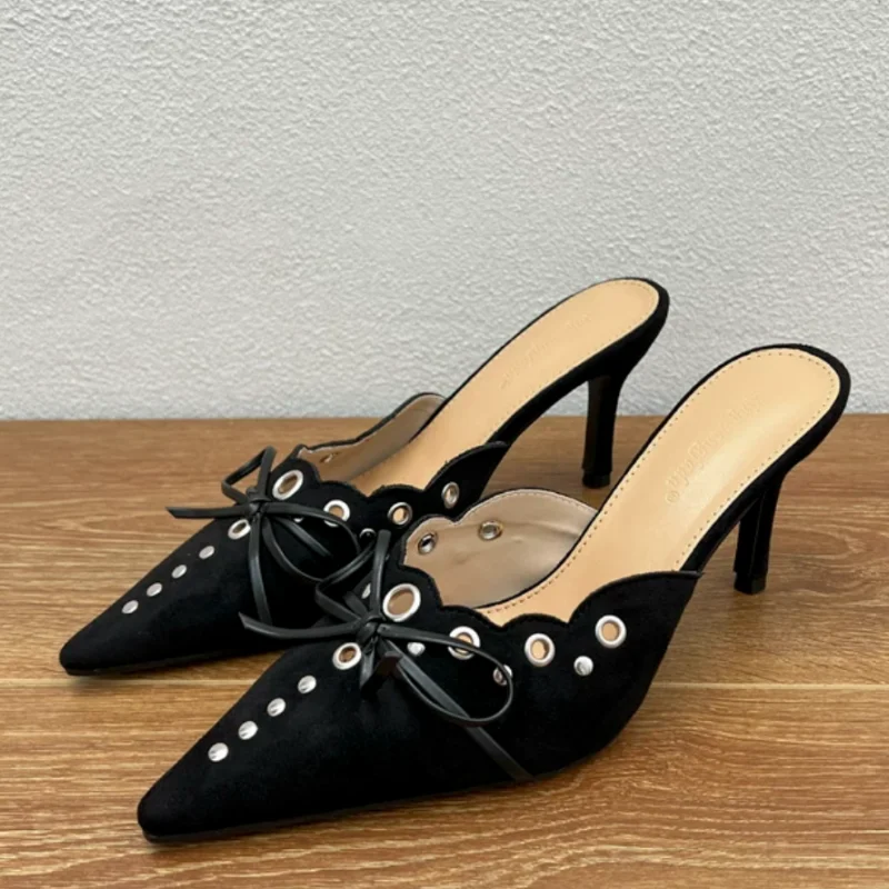 Escarpins pour femmes à bout pointu, talons hauts, avec nœud papillon, décolletés, avec coutures, couleur unie