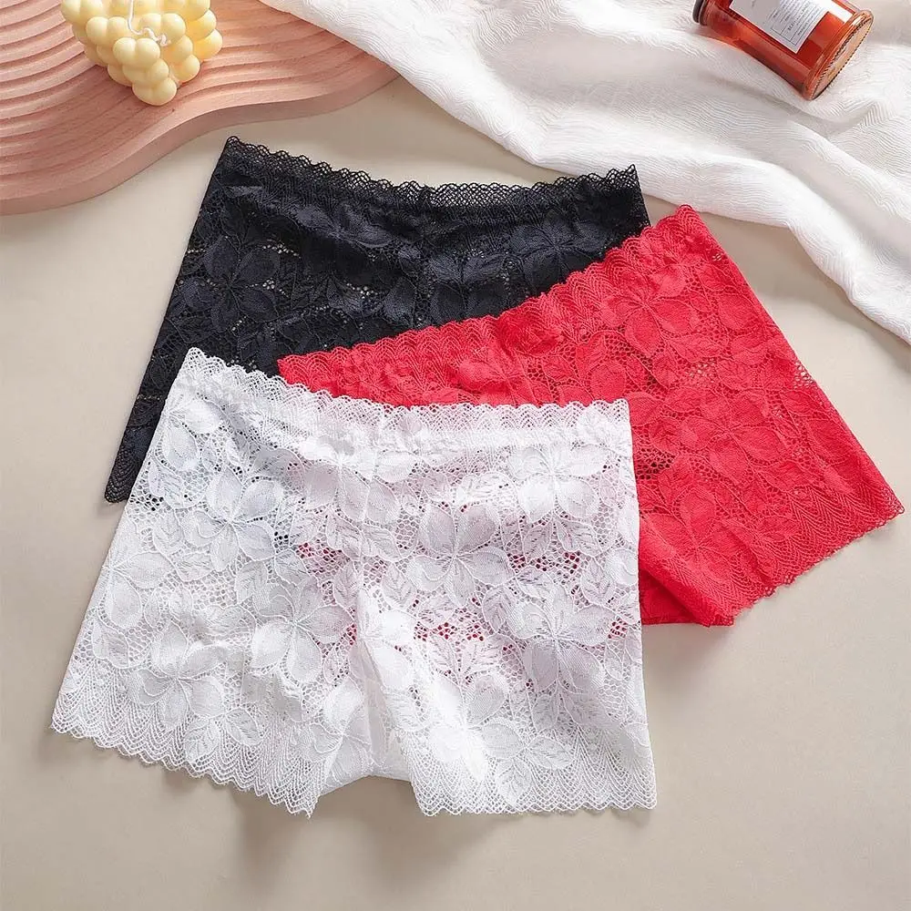 Mid Waist Lace Mesh Floral Hollow Out Panties Transparent Cotton Crotch Women's Anti-glare Safety Pants See Through Seamless