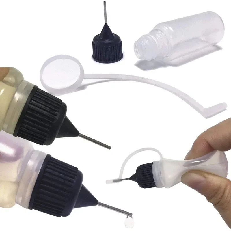 Garrafas plásticas com agulha espremível, 10 peças, 3ml-120ml, conta-gotas de líquido para os olhos, latas de cola, aplicador de tinta, recipientes